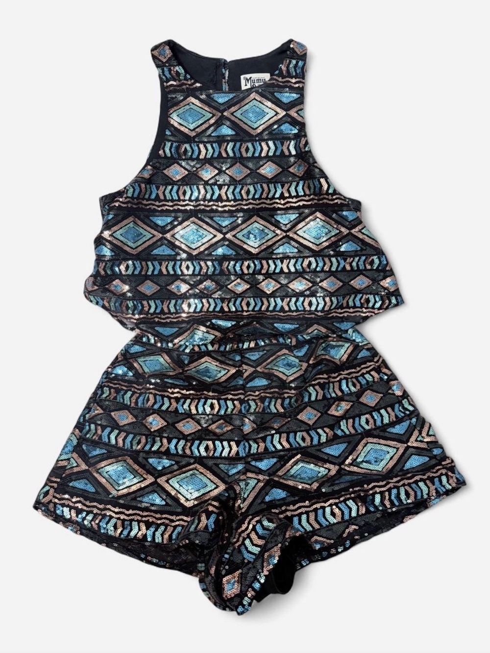 Show Me Your MuMu Black Sequin Geo High-Waist Shorts Set with Teal Accents - Picture 1 of 9